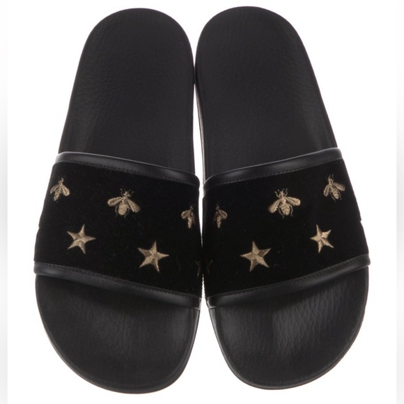 Gucci Shoes - 🖤🐝 ⭐️ Gucci Black Velvet Slides w/ Gold Star and Bee Embroidery